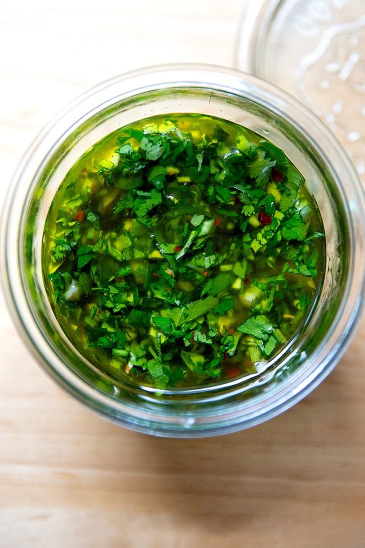 A jar of chimichurri.